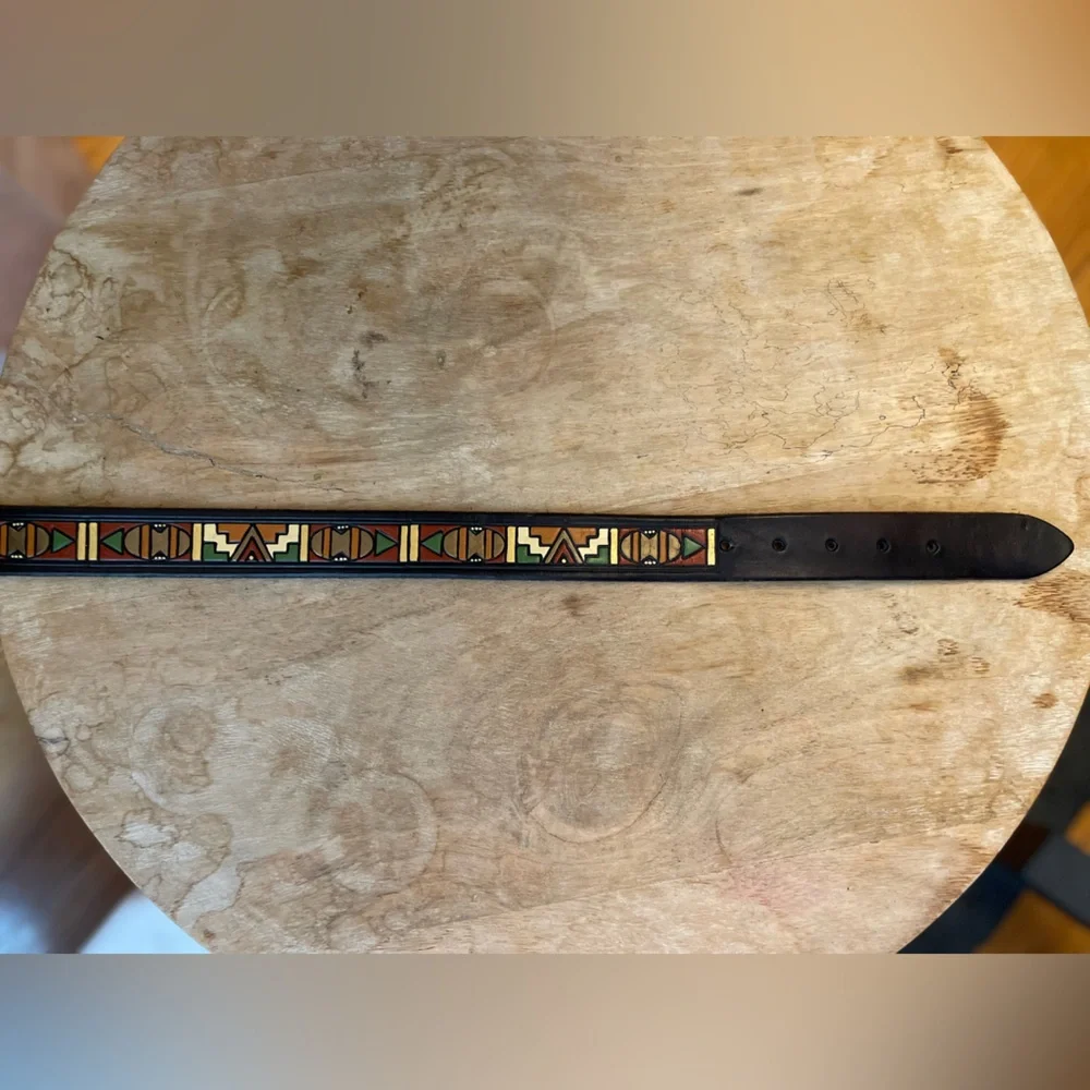Vintage Colorful Painted Leather Belt with Geometric Southwest Pattern Design